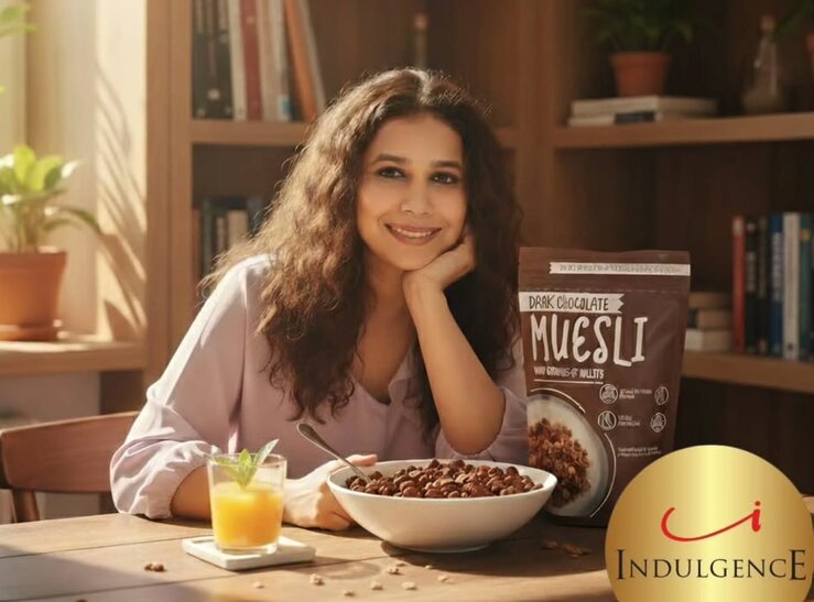 MyIndulgence founder with branded Dark Chocolate Muesli