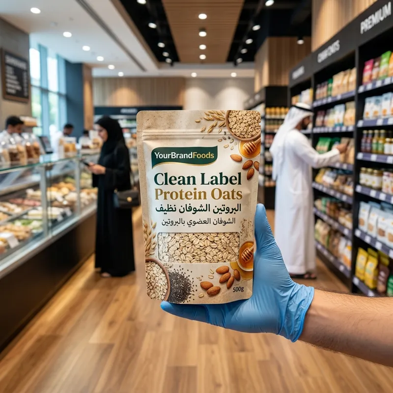 YourBrandFoods Premium Export Quality Oats pouch in a Gulf retail store
